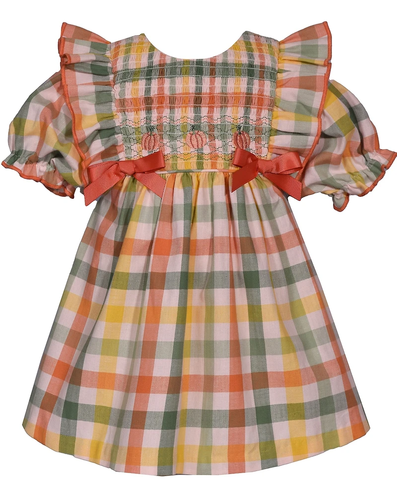 Bonnie Baby Girls Plaid Pumpkin Smocked Dress