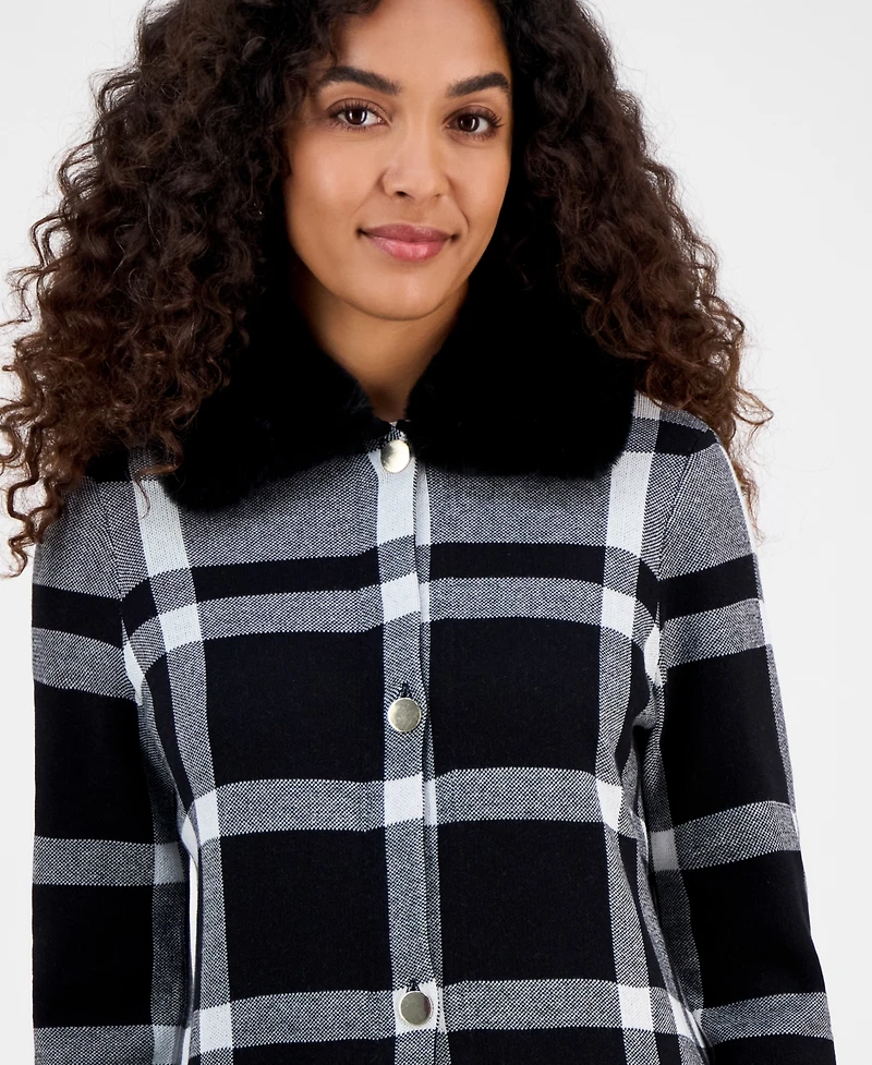 Kasper Women's Plaid Faux-Fur-Collar Coatigan