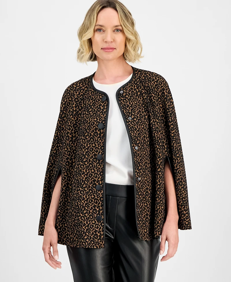 Kasper Leopard Jacquard Snap-Front Cape-Sleeve Topper, Regular & Petites