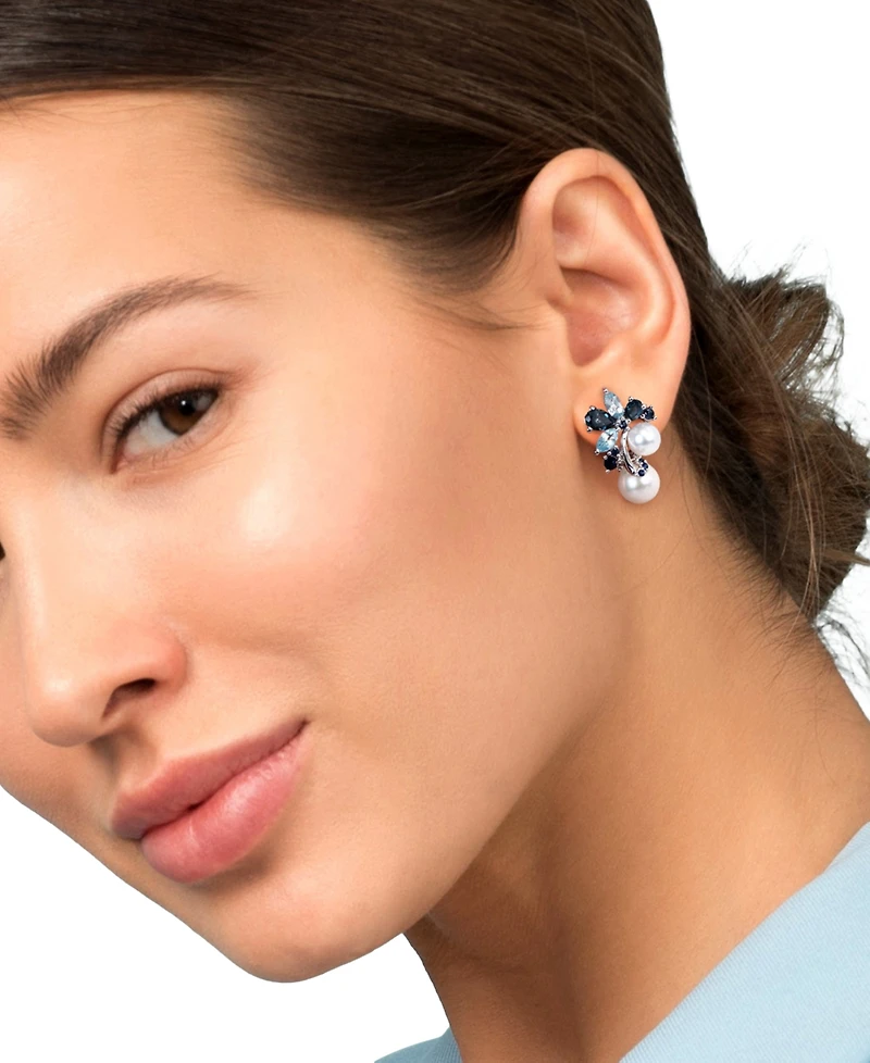 Cultured Freshwater Pearl (6 & 8mm), Blue Topaz (2-1/2 ct. t.w.) & Sapphire (3/8 ct. t.w.) Cluster Stud Earrings in Sterling Silver