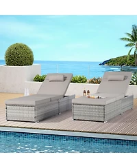 Outdoor Chaise Lounge Chair Set of 2 with Patio Pool Chairs Tanning Lounges for Outside,Beach Rattan Recliners with Adjustable Backrest, Table, Cushio