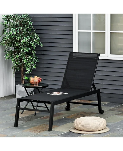 Outdoor Lounge Chair, Patio Lounger with 5-Position Reclining Backrest and 2 Wheels for Poolside, Beach, Lawn, Black