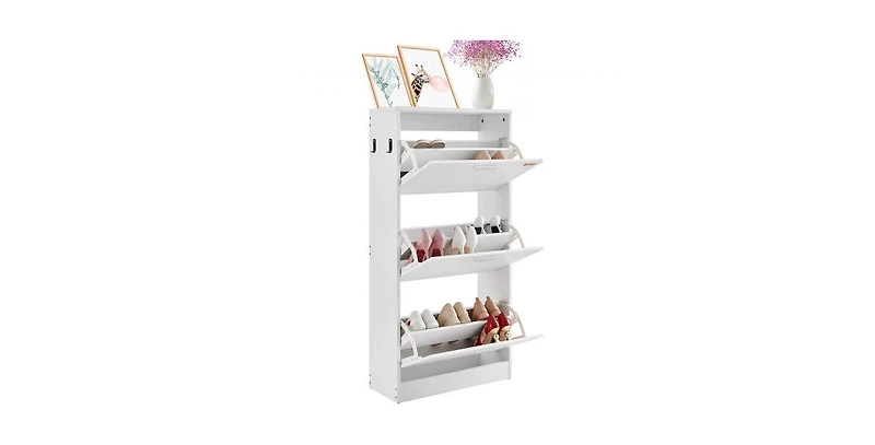 Slickblue Shoe Cabinet with 3 Flip Drawers and Side Hooks, Freestanding Entryway Organizer