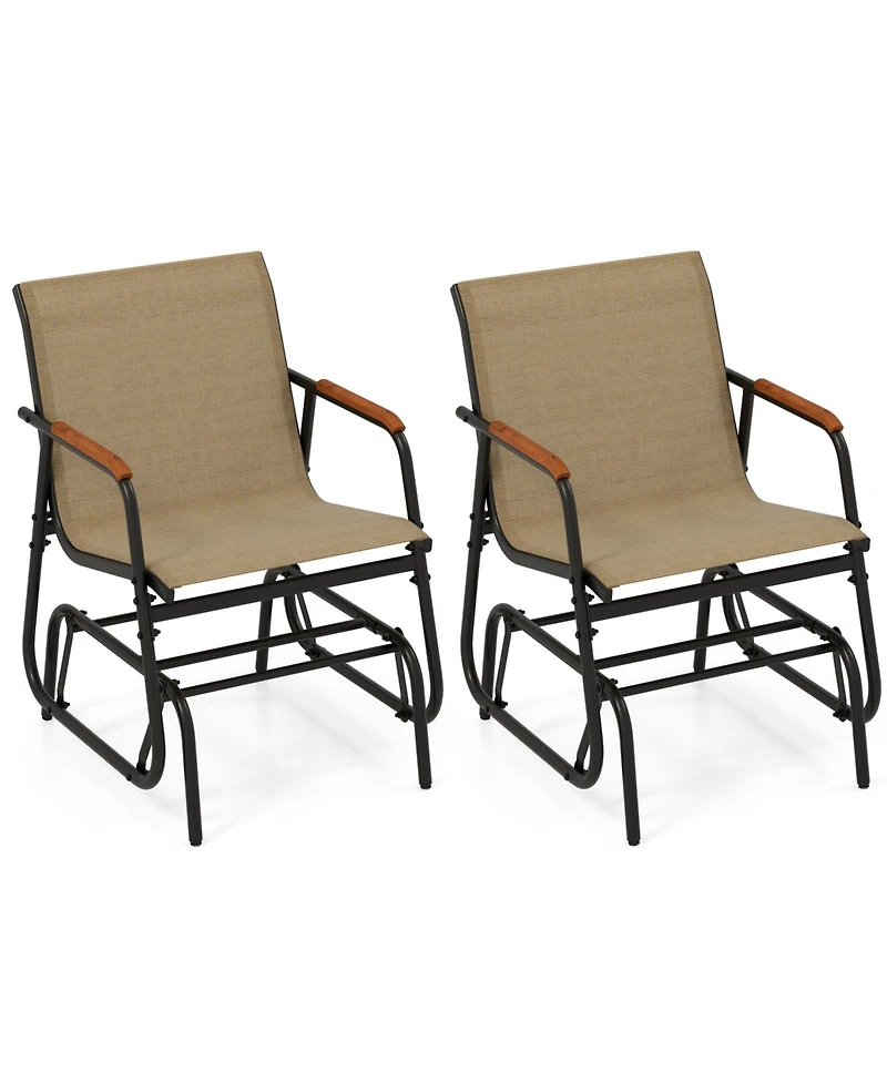 Gymax Patio Glider Chair Set of 2 with Curved Teak Armrests and Breathable Fabric Seat