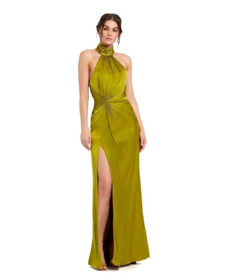 Mac Duggal Women's Open Back High Neck Side Ruched Gown
