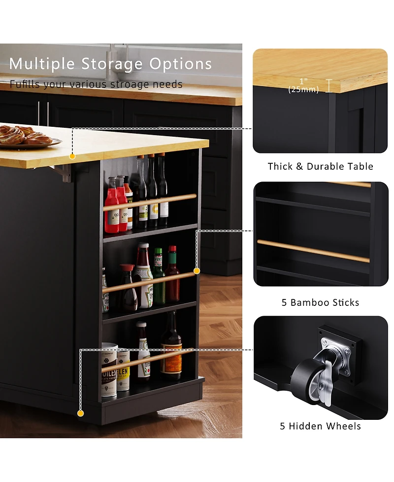 Casainc 53" Kitchen Island With Drop Leaf, Power Outlet, Storage Racks, Rolling Cart on 5 Wheels (No Stools)
