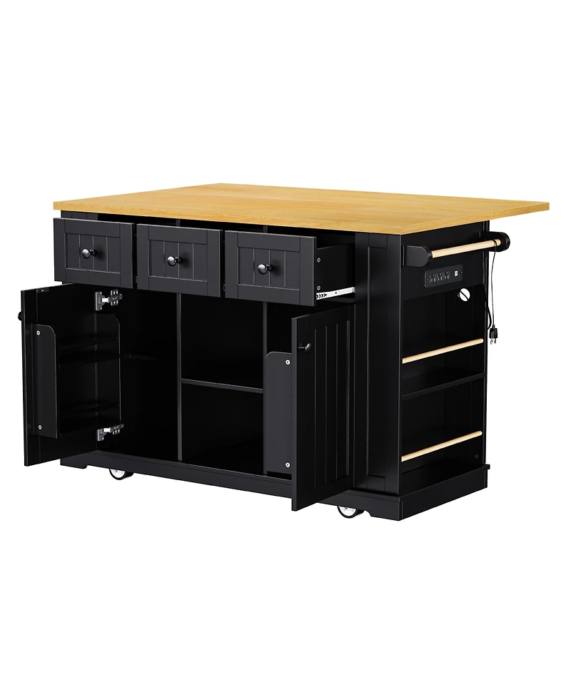 Casainc 53" Kitchen Island With Drop Leaf, Power Outlet, Storage Racks, Rolling Cart on 5 Wheels (No Stools)