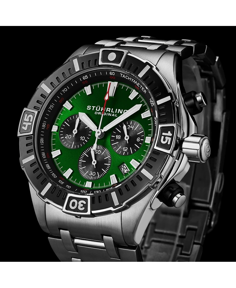 Stuhrling 1022 Men s Chronograph Watch Quartz Movement Green Dial Black Subdials Black Bezel Stainless Steel Bracelet 50M Water Resistant Date Window