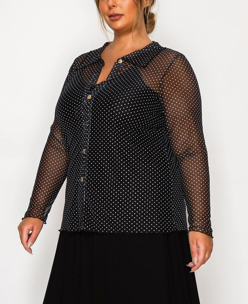 Coin 1804 Plus Dot Mesh Button Front Long Sleeve Top