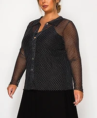 Coin 1804 Plus Dot Mesh Button Front Long Sleeve Top