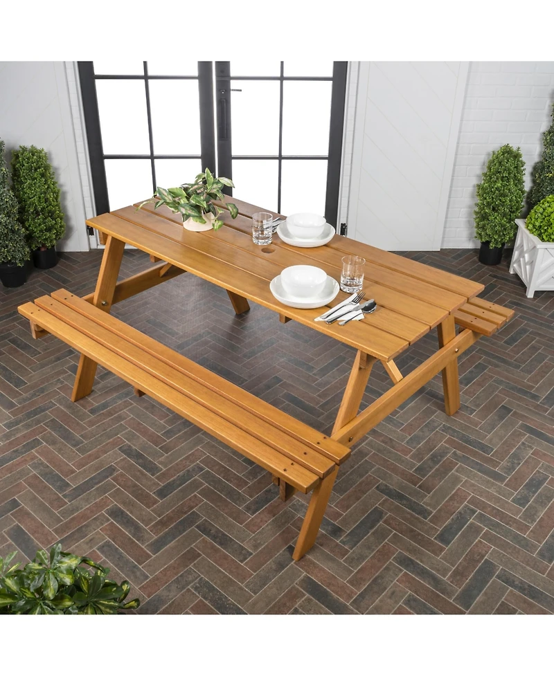 Jonathan Y Shoreham Modern Classic Outdoor Wood Picnic Table Benches with Umbrella Hole