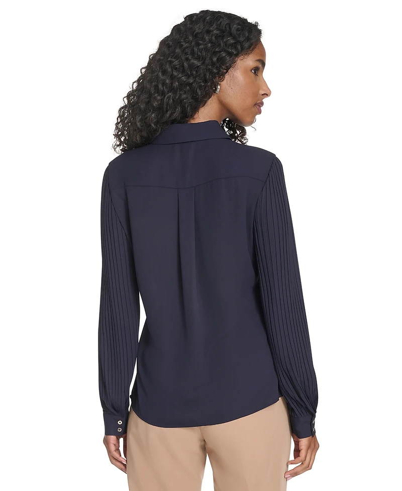 Tommy Hilfiger Women's Pleated Sleeve Button Up Blouse