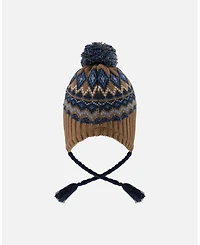 Deux par Boy Lined Peruvian Knit Pompom Hat Taupe and Navy - Toddler|Child