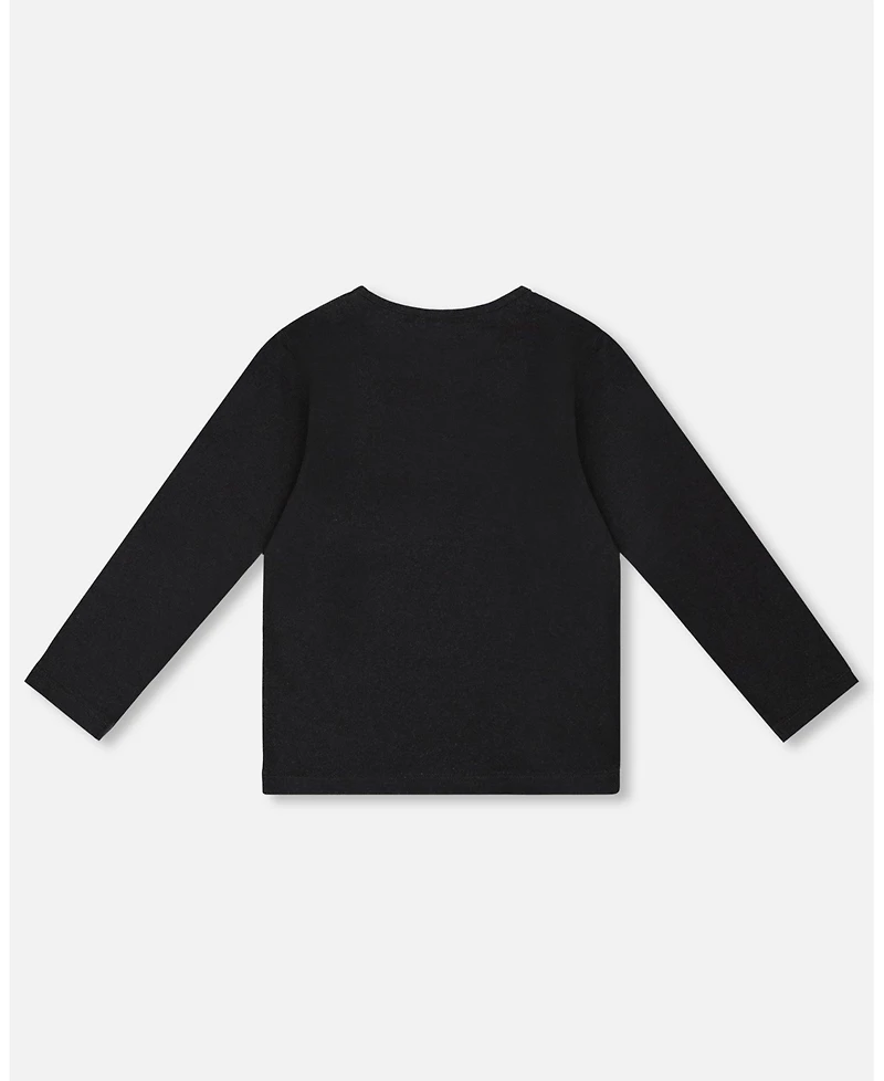 Deux par Girl Black Cotton T-Shirt with Reversible Sequin Teddy Bear - Child
