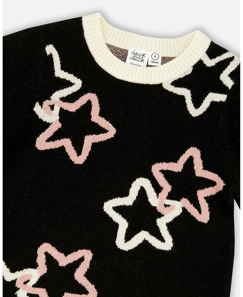 Deux par Little Girls Long Sleeve Knit Dress Black with Stars - Toddler|Child