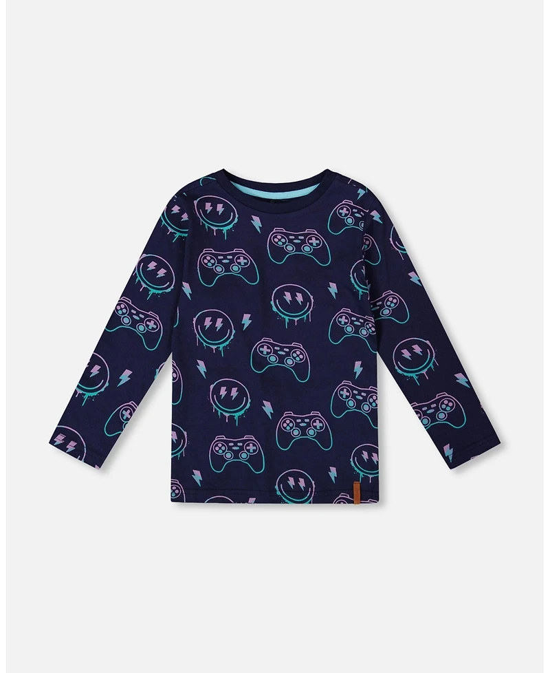 Deux par Boy Long Sleeve Cotton Allover Print Tee Navy Blue - Child