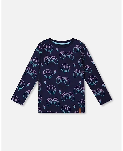 Deux par Boy Long Sleeve Cotton Allover Print Tee Navy Blue - Child