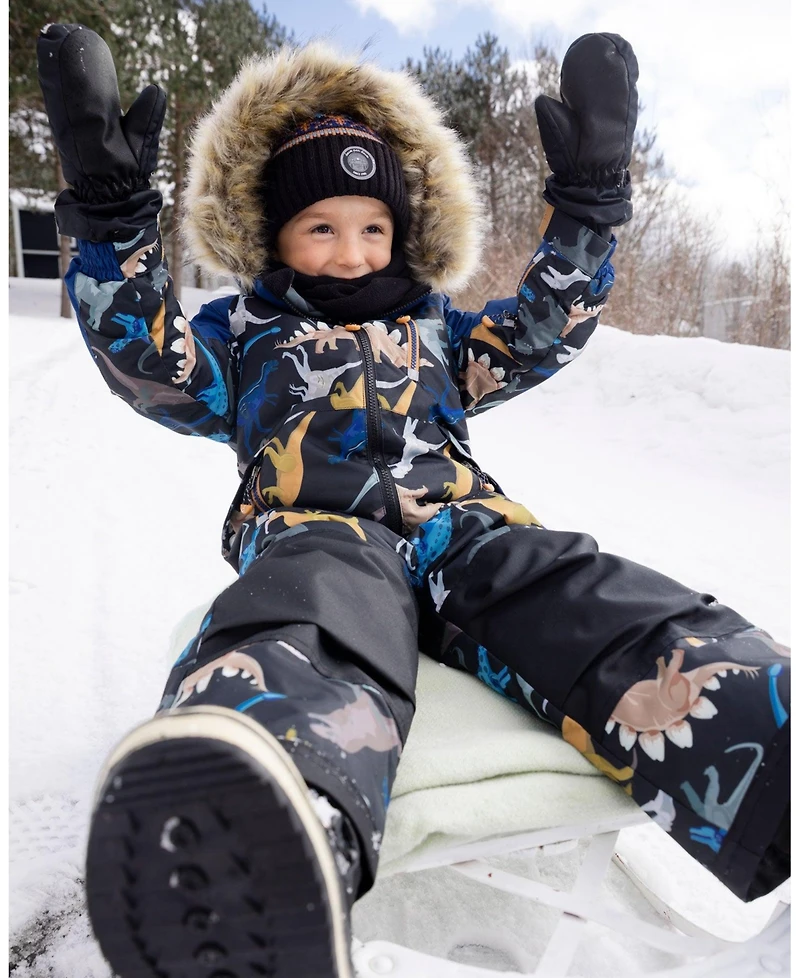 Deux par Boy One-Piece Play Snowsuit Black Dinosaur Print - Child