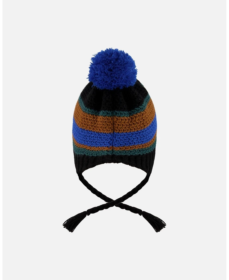 Deux par Boy Lined Peruvian Knit Pompom Hat Black, Blue and Brown - Toddler|Child