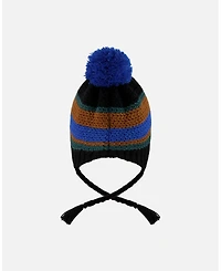 Deux par Boy Lined Peruvian Knit Pompom Hat Black, Blue and Brown - Toddler|Child