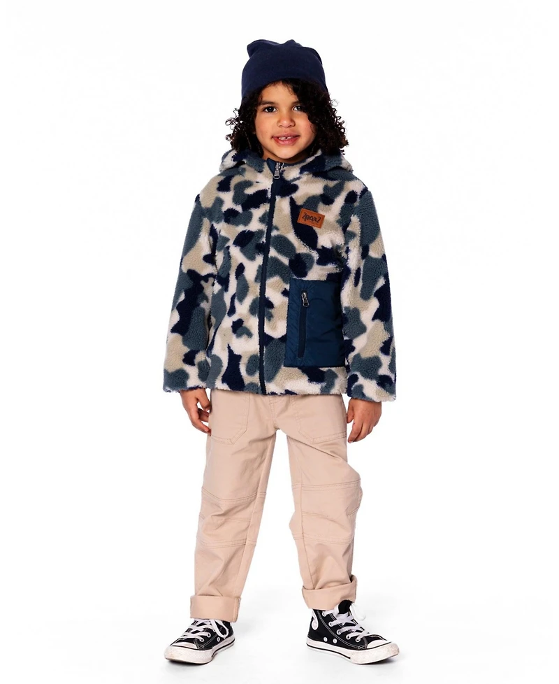 Deux par Kids Unisex Reversible Mid-Season Sherpa Jacket Blue Camo