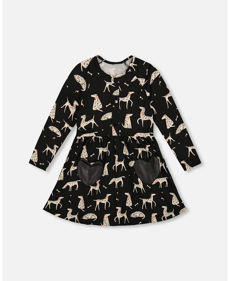 Deux par Toddler Girls Half Button Jersey Dress Black Dalmatian Print - Toddler|Child