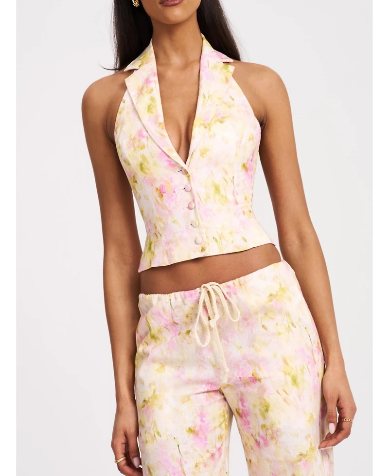 Miss Circle Women Lauren Pink Floral Print Ruched Back Linen Suit Vest