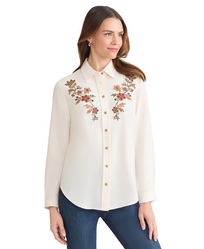 Jones New York Women's Collared Long Sleeve Button Front Top
