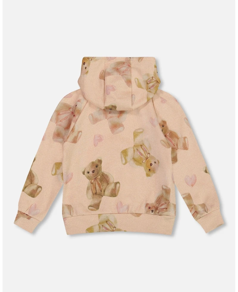 Deux par Girl Glittering French Terry Hoodie Beige Teddy Bear Print - Toddler|Child