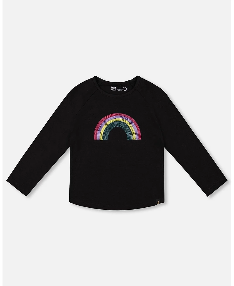 Deux par Toddler Girls Cotton Long Sleeve T-Shirt Black with Sequin Rainbow - Toddler|Child