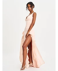 Miss Circle Women Talyssa Baby Pink Ruched Waist Double High Slit Maxi Gown