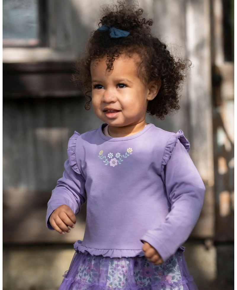 Deux par Baby Girls Bi-Material Dress with Muslin and Mesh Skirt Purple Gray