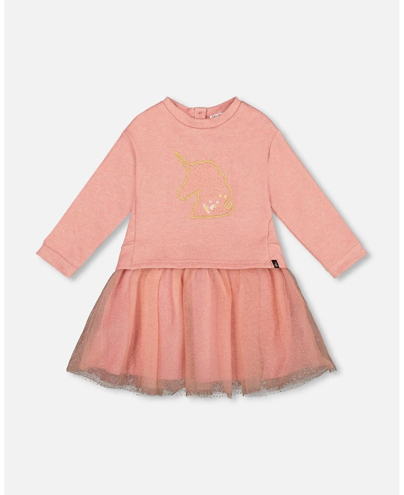 Deux par Girl Bi-Material Dress Dusty Pink with Mesh Skirt and Unicorn - Child