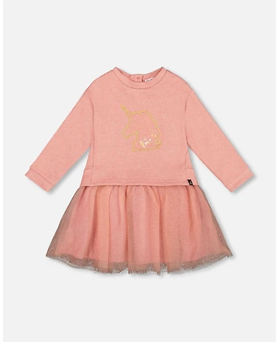 Deux par Girl Bi-Material Dress Dusty Pink with Mesh Skirt and Unicorn - Child