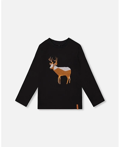 Deux par Big Boys Cotton T-Shirt Black with Boucle Deer Applique