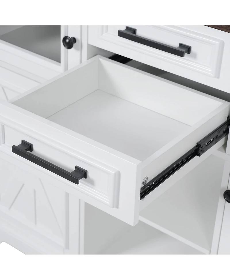 Casainc 54.9" Kitchen Island with Drop Leaf, Power Outlet, Storage Cart with Glass & Barn Doors, 4 Shelves&Wheels (No Stools)