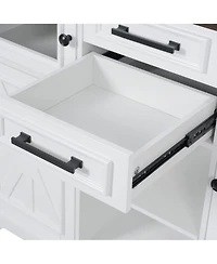 Casainc 54.9" Kitchen Island with Drop Leaf, Power Outlet, Storage Cart with Glass & Barn Doors, 4 Shelves&Wheels (No Stools)
