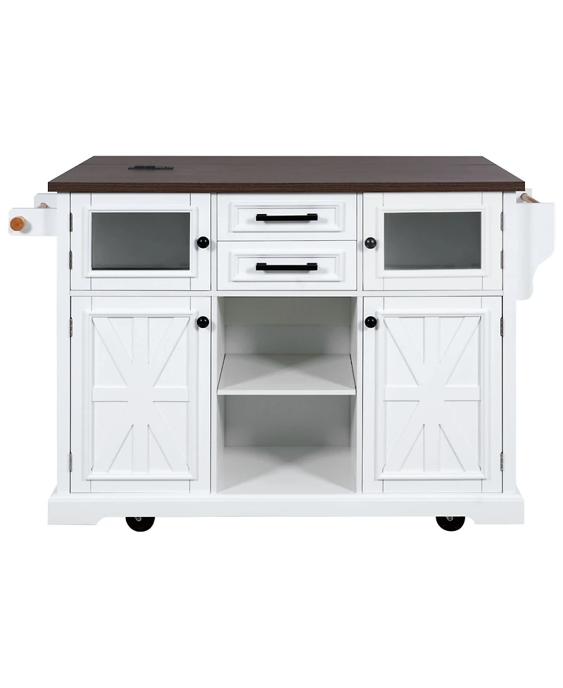 Casainc 54.9" Kitchen Island with Drop Leaf, Power Outlet, Storage Cart with Glass & Barn Doors, 4 Shelves&Wheels (No Stools)