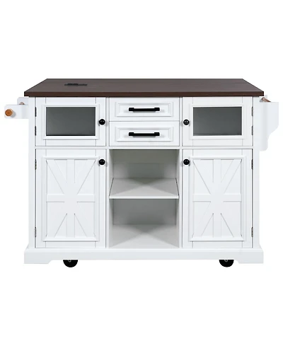 Casainc 54.9" Kitchen Island with Drop Leaf, Power Outlet, Storage Cart with Glass & Barn Doors, 4 Shelves&Wheels (No Stools)