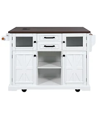 Casainc 54.9" Kitchen Island with Drop Leaf, Power Outlet, Storage Cart with Glass & Barn Doors, 4 Shelves&Wheels (No Stools)