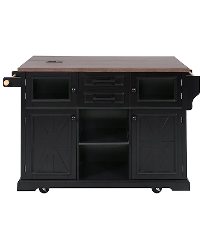 Casainc 54.9" Kitchen Island with Drop Leaf, Power Outlet, Storage Cart Glass & Barn Doors, 4 Shelves&Wheels (No Stools)