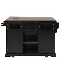 Casainc 54.9" Kitchen Island with Drop Leaf, Power Outlet, Storage Cart Glass & Barn Doors, 4 Shelves&Wheels (No Stools)