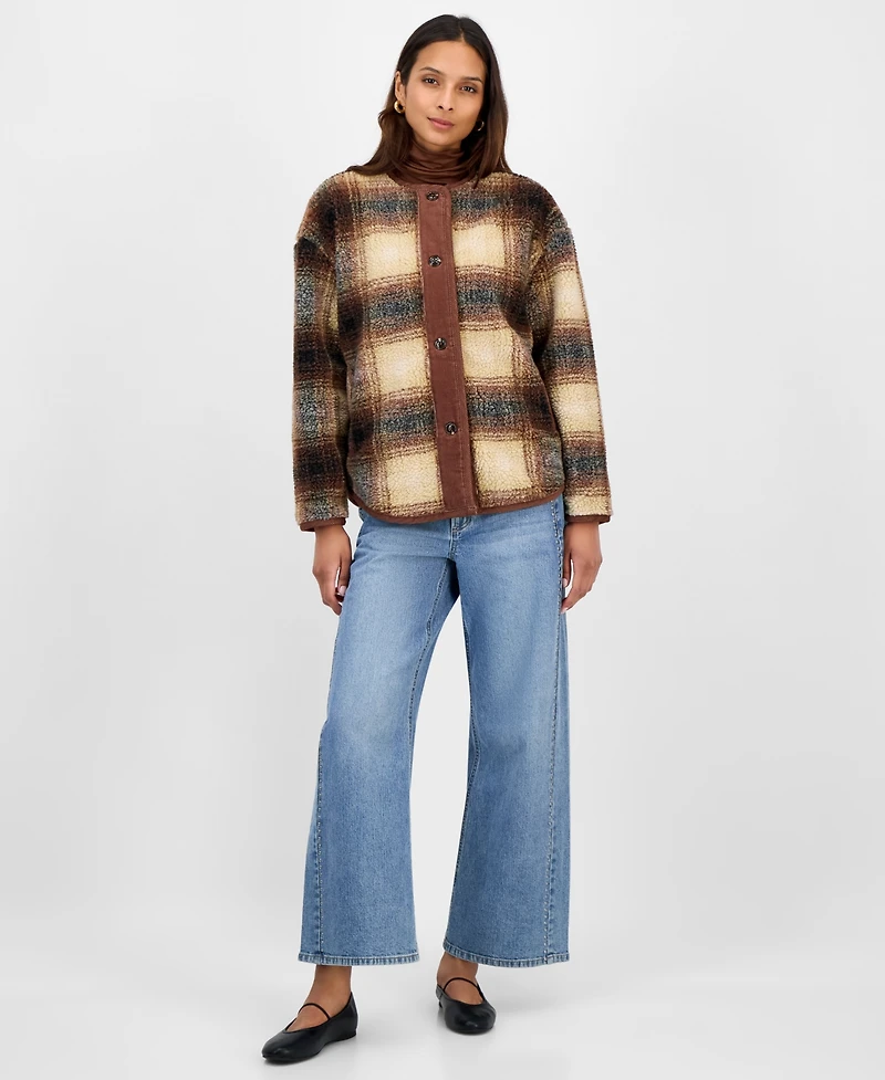 And Now This Women's Plaid Sherpa Fleece Collarless Jacket, Macy's Exclusive