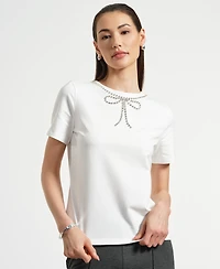 Isaac Mizrahi Women's Crystal Bow Neck T-Shirt