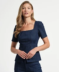 Isaac Mizrahi Women's Square Neck Seamed Denim Top