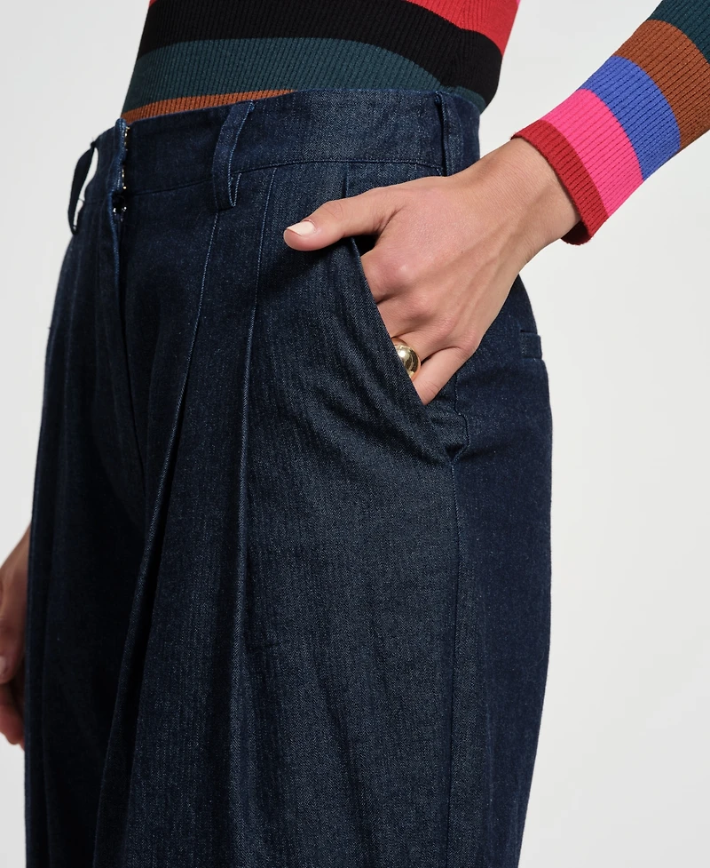 Isaac Mizrahi Women's Pleated Wide Leg Denim Pants