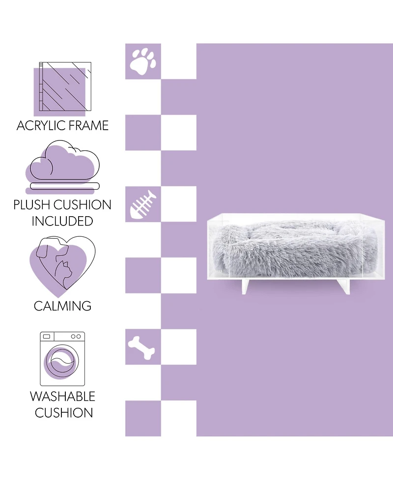 Carole 24" x 18" Small/Medium Modern Acrylic Calming Fluffy Pet Bed with Washable Cushion, Light Gray/Clear