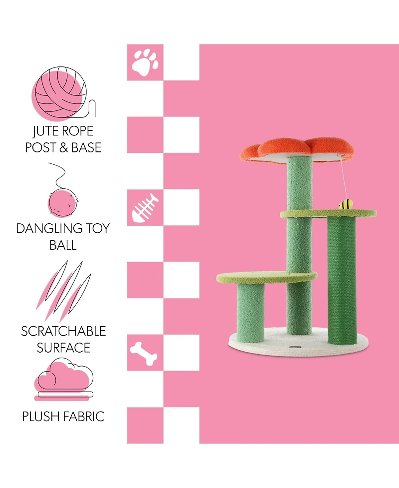 The Licker Store Poppy 29" 3-Tier Modern Jute Flower Cat Tree with Dangling Toy, Orange/Green