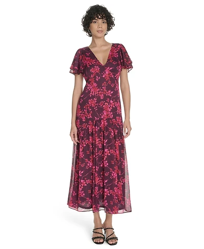 Tommy Hilfiger Women's Flutter Sleeve V-Neck Dress