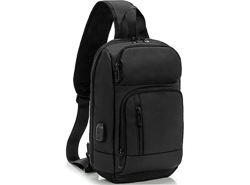 14 inch Sling Bag for Men,Black Crossbody Bag with Usb Charging Port Fits 10.2inch iPad, Casual